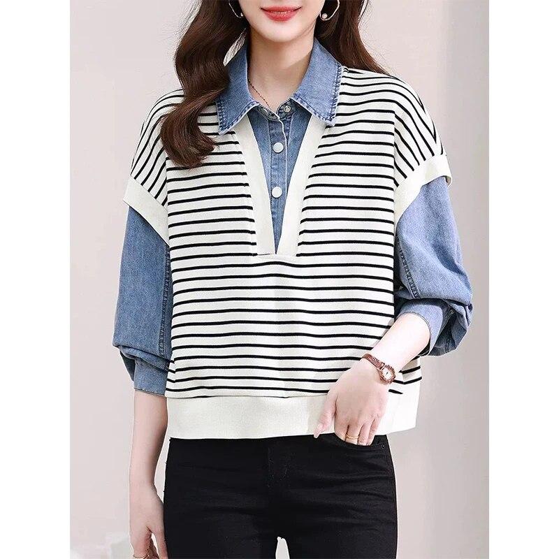 Spring Autumn Fake Two Pieces Knitting Demin Patchwork Shirt Ladies Long Sleeve Vintage All-match Vest Blouse Women's Clothing