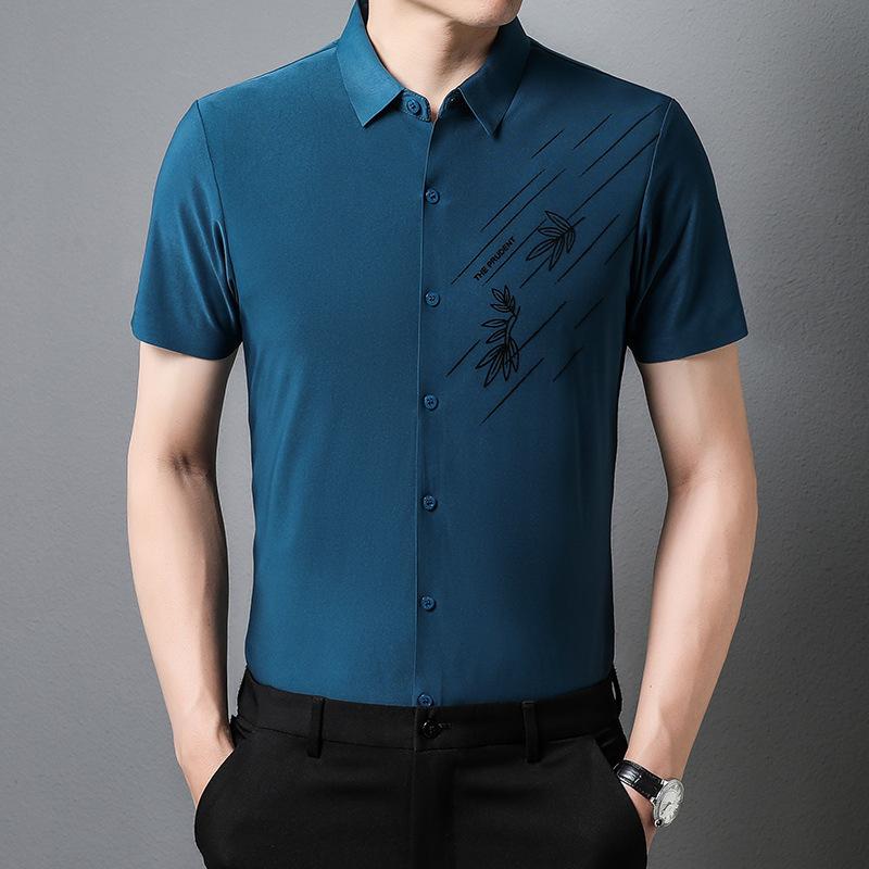 Summer New Men's Short-Sleeved Seamless Shirt Young and Middle-Aged Leisure Iron-Free Printed Shirt Lapel