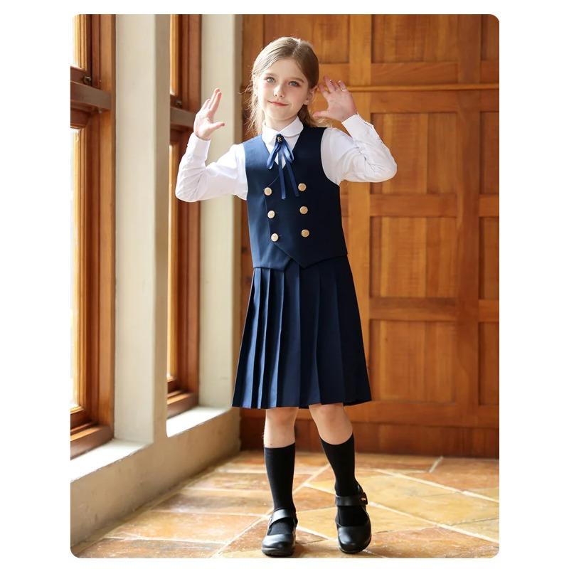Anti-wrinkle Kids Girls Pleated Skirt Solid Color Midi Length Preppy Style Versatile Casual School Skirt for Girls Daily Wear