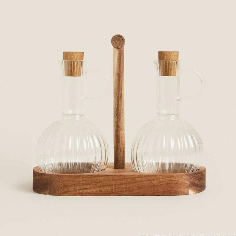 Wooden Stand Glass Oil Pot Sealed Storage Leak-proof Sauce Vinegar Cruet Transparent Bottle High-Temperature Resistant