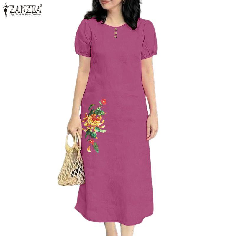 ZANZEA Women Daily Casual Round Neck Short Sleeve Floral Print Dress