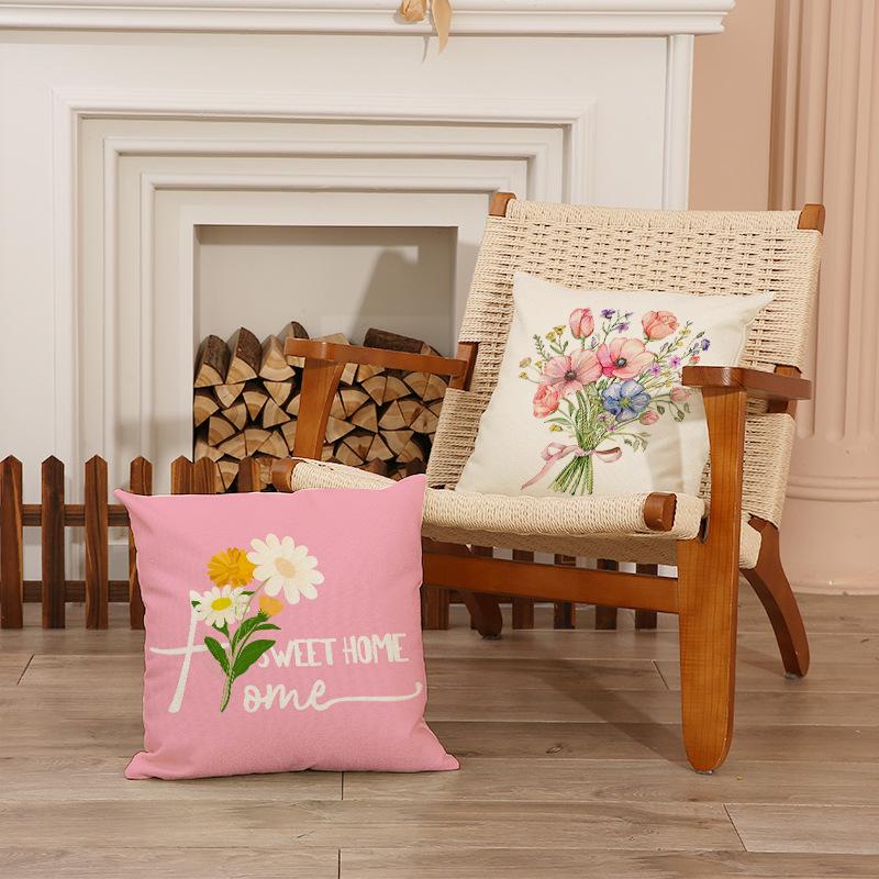 Pink Floral Set Sofa Pillow Cover Nordic Simple Versatile Linen Cushion New Car Cushion