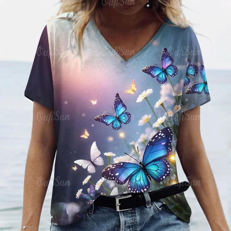 Women's V-Neck Print Beautiful Butterfly Pattern Oversized Women's Blouse Y2K Fashion Women's Breathable T-Shirt