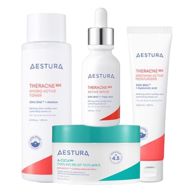 AESTURA Calming Acne Care Skincare Set (A-Cica365 Pad 60 Pads + Theracne365 Active Toner 200ml + Active Serum 30ml + Moisturizer 60ml)