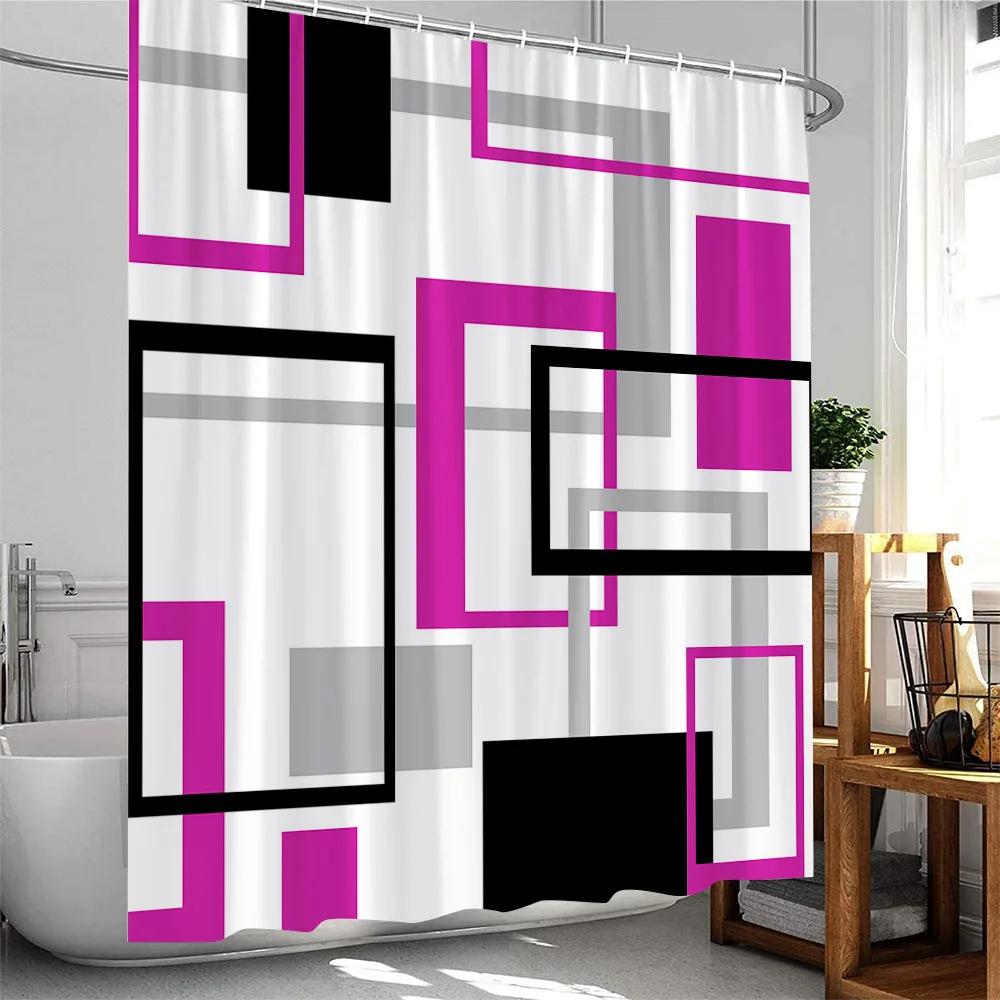 Creative Geometric Shower Curtains Red Black Grey Striped Splicing Modern Minimalist Bathroom Decor Polyester Bath Curtain Hooks