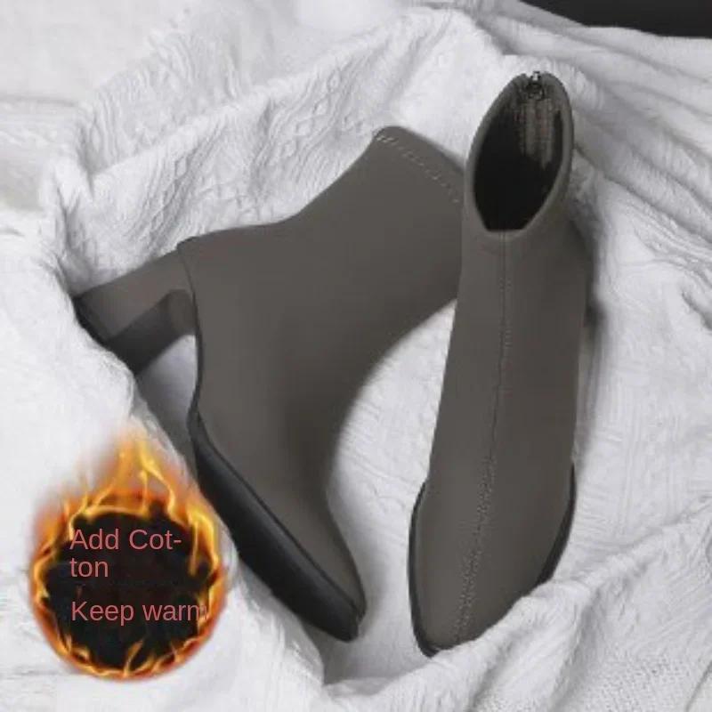 

Квадратные ботильоны, осенние удобные ботинки из мягкой кожи на высоком каблуке, женская модная женская обувь на молнии, простая темпераментная женская обувь 40