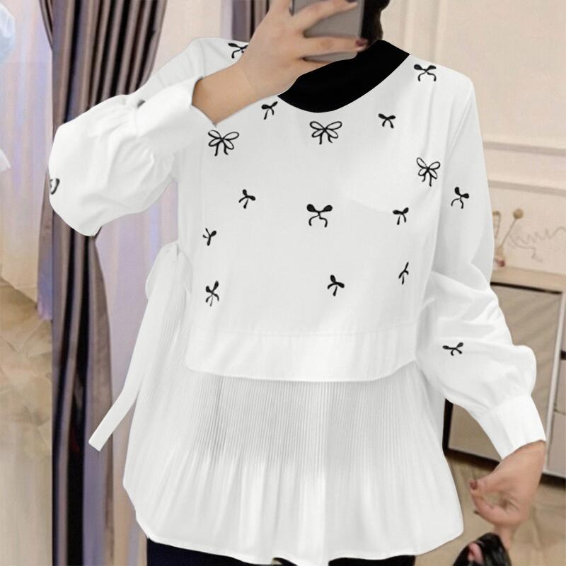 

ZANZEA Женская повседневная блузка с круглым вырезом, длинным рукавом, принтом и плиссировкой