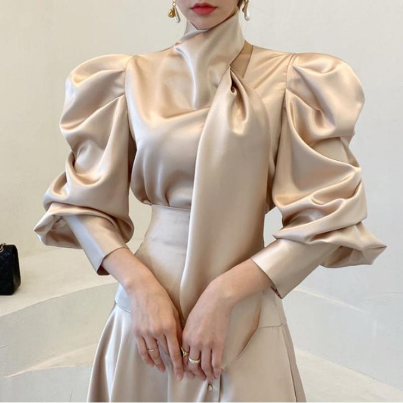 Women Vintage Luxury Chic Satin Shirt Korean Office Lady Ribbon Design Elegant Blouse Spring Autumn Solid Long Sleeve Slim Tops