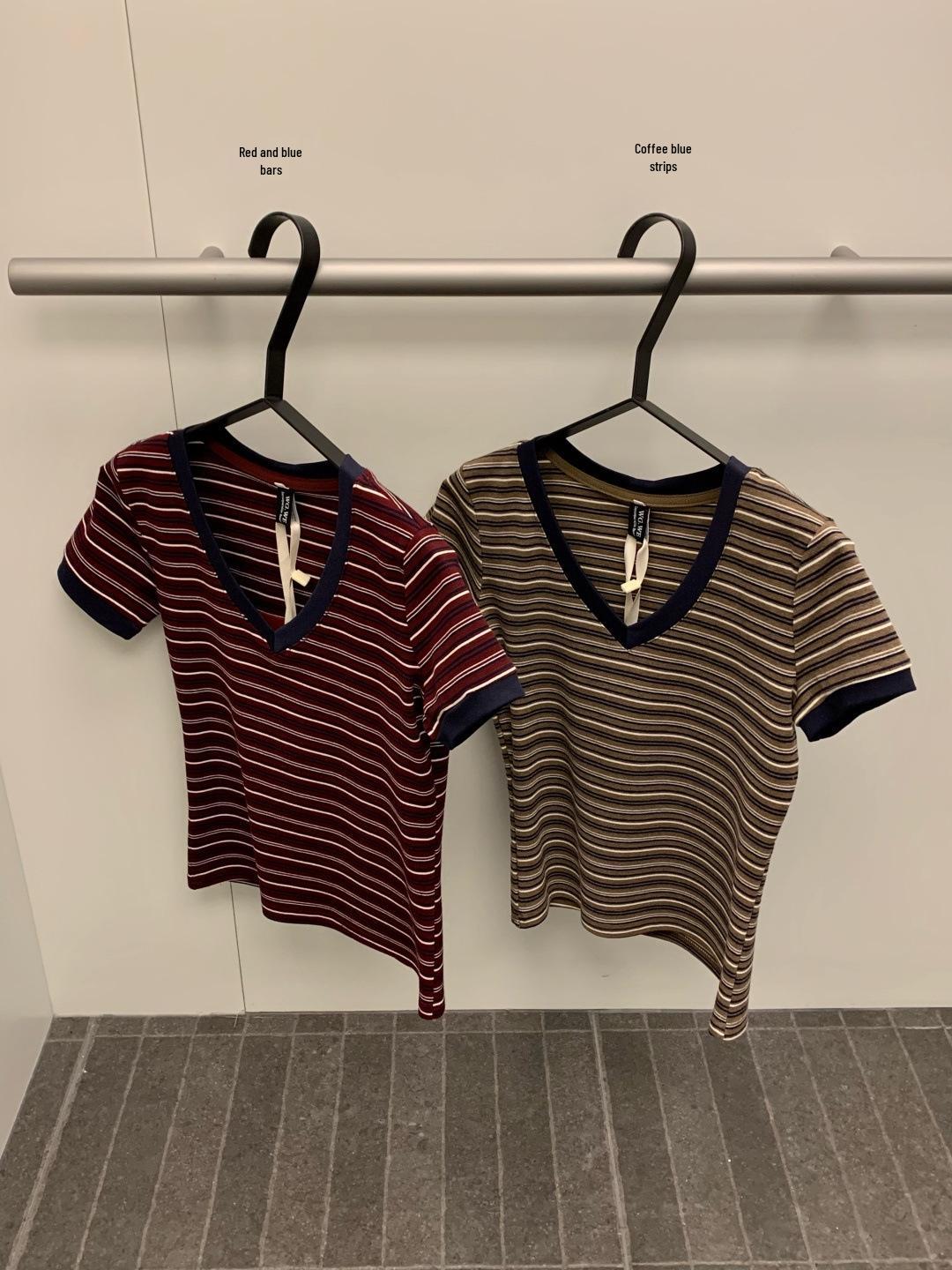 Retro Striped V-Neck Short-Sleeved Slimming T-Shirt Small