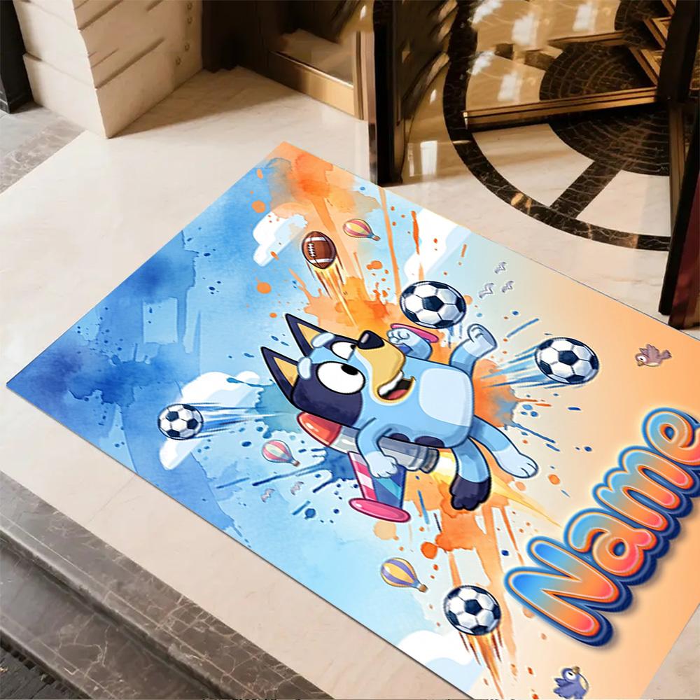 Soccer Fun Bluey Personalized Name Floor Mat Design for Bedrooms Decorate Room Outdoor Entryway Antislip Carpet Decorate Offices