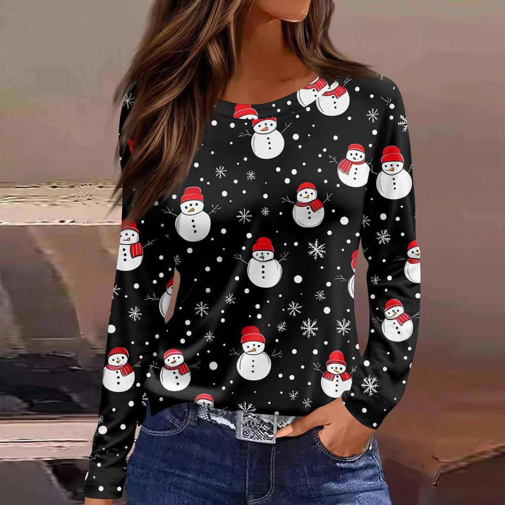 Women's Fashion Casual Slit Hem Round Neck Long Sleeve Loose Christmas Printed T-Shirt Ladies Top