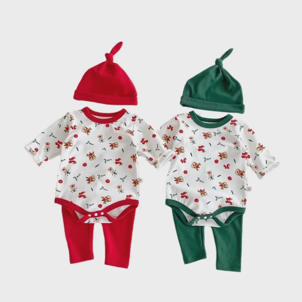 "Korean Baby Christmas Print Outfit: 3-Piece Set with Hat for Boys & Girls"