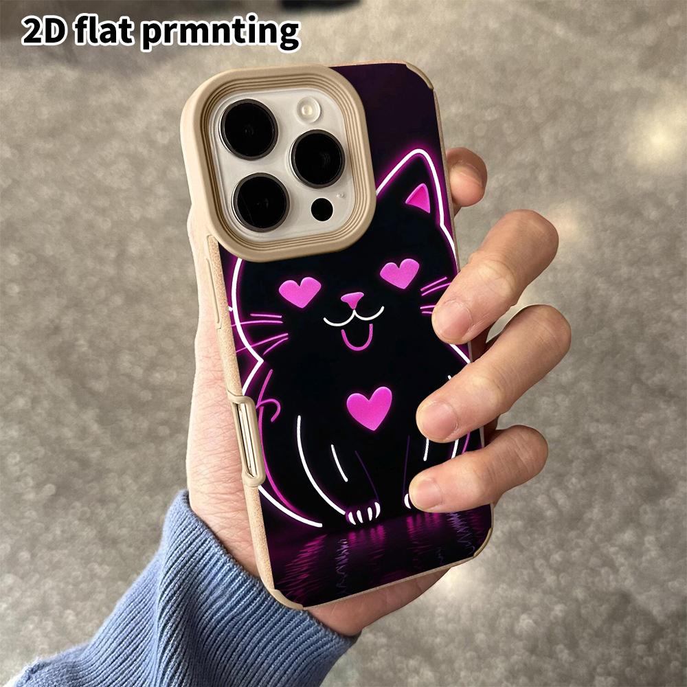 Phone Case: 2D Flat Lambskin Suitable for iPhone 18, 17, 16, 15, 14, 13 Pro Film Protective Case, Line Art Black Cat, Christmas and Halloween Gift