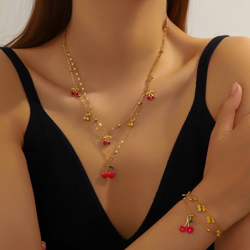 Gold Plated Stainless Steel Cherry Charm Layered Necklace Bracelet Jewelry Set золотой
