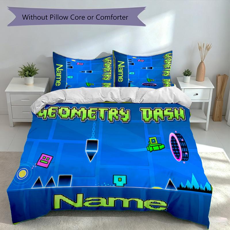 3pcs Custom Name Geometry Dash Set,Includes 1 Duvet Cover and 2 Pillowcases,All-season Bedroom Decor