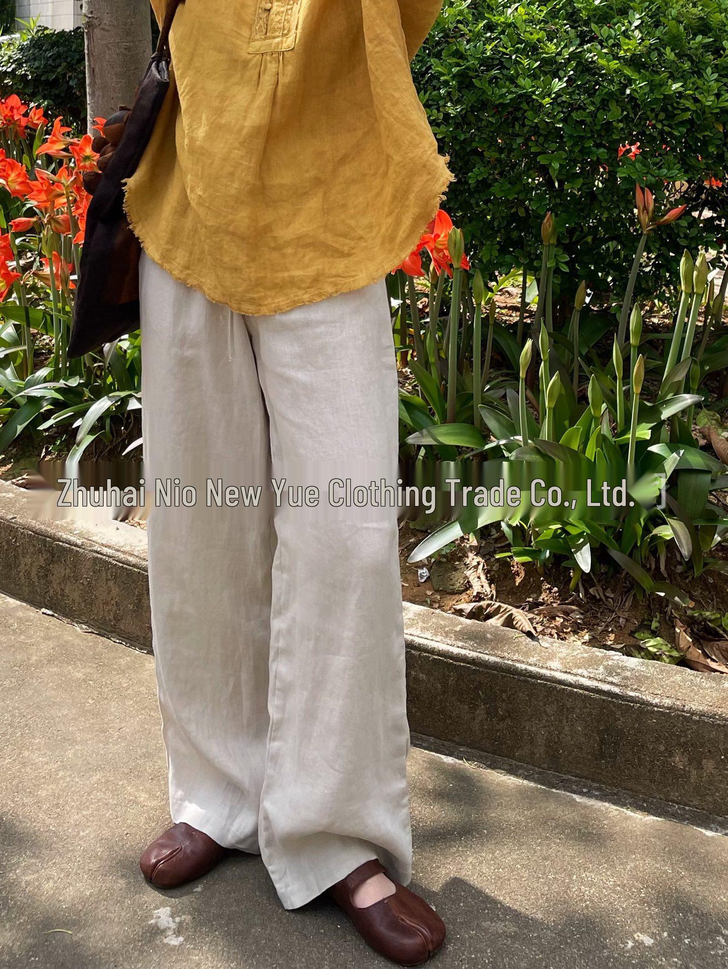 

Solid Color Hemp Drawstring Trousers - Relaxed Fit Medium