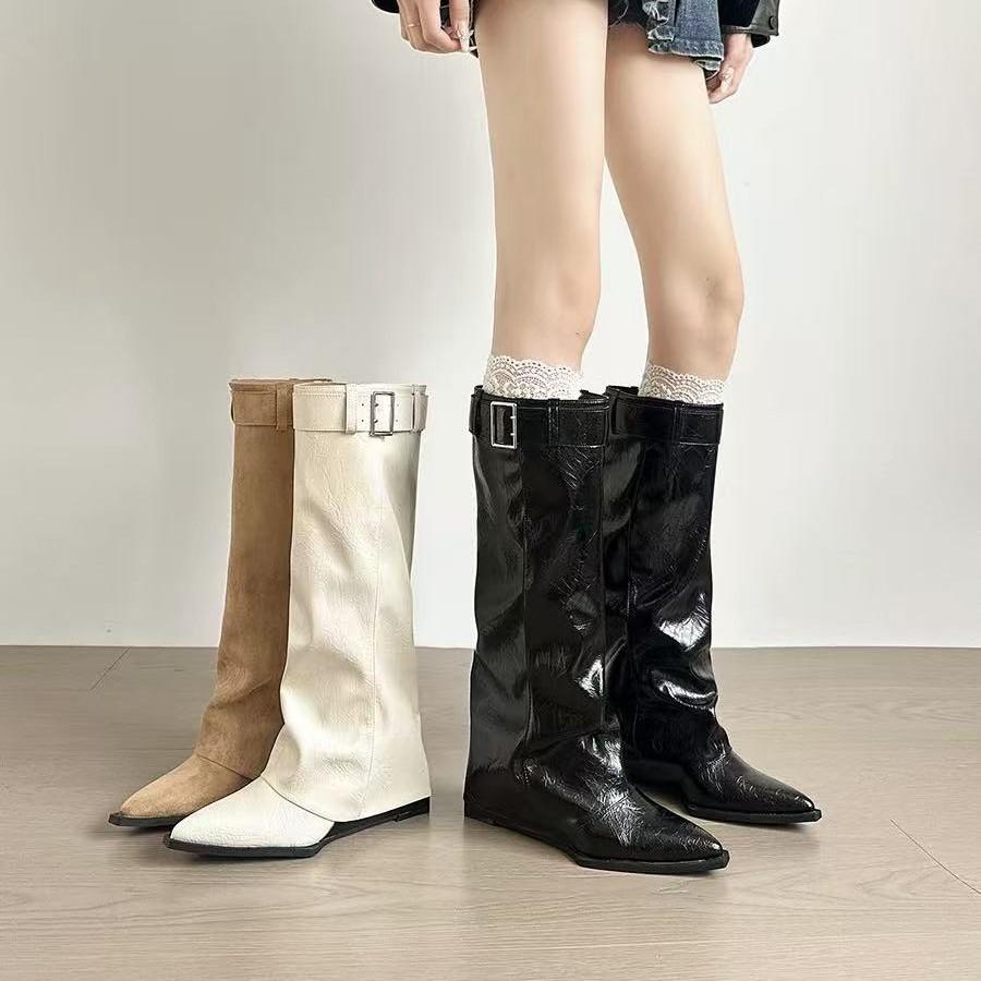 Sheepskin version~ Pointed Spice Girls Style White Boots Women's Belt Buckle Slope Heel Skinny Pants Boots Knight Boots