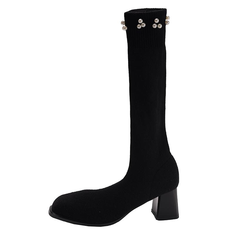 Fashion Pearl Women High Boots Knitting Knee High Heels Sock Boots Elegant 2025 Trend New Shoes Fashion Winter Party Sexy Chunky Pumps