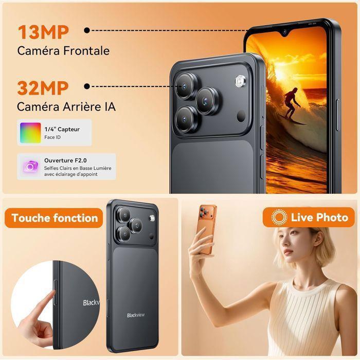 Refurbished - BLACKVIEW WAVE 7C Smartphone 6.56" 16Go(4+12) + 64 Go/jusqu'à 2To 5000mAh Android 16 32MP Téléphone Portable 4G Double Sim GPS Noir