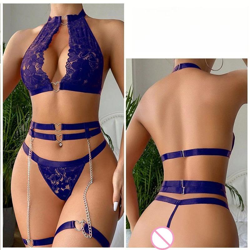 Sexy Lingerie Sets Woman Metal Love Chain With Garter Belt Bodysuit Woman Underwear Porn Lace Sleepwear Set Erotic Costumes