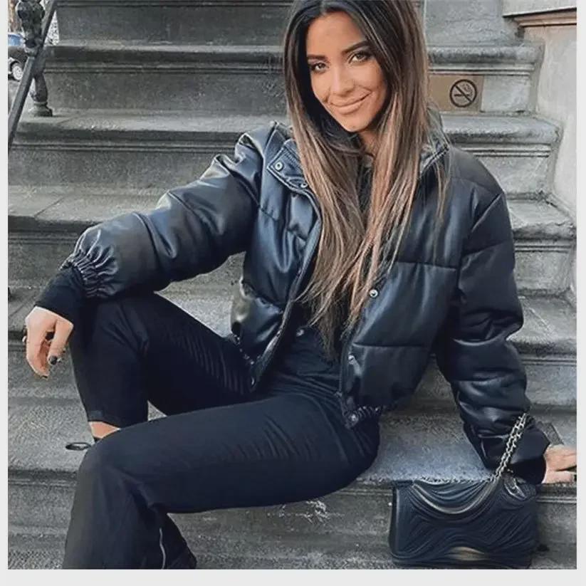 Women's Winter Fashion: European & American Short Thick Loose PU Leather Cotton Jacket