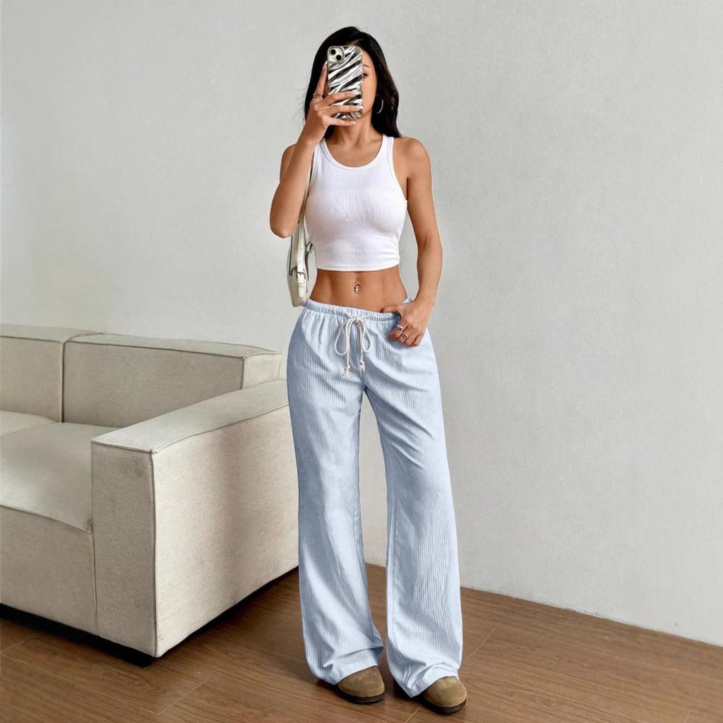 Women's Elastic Drawstring Waist Wide Leg Pants Loose Fit Striped Print Soft Polyester Casual Summer Trousers