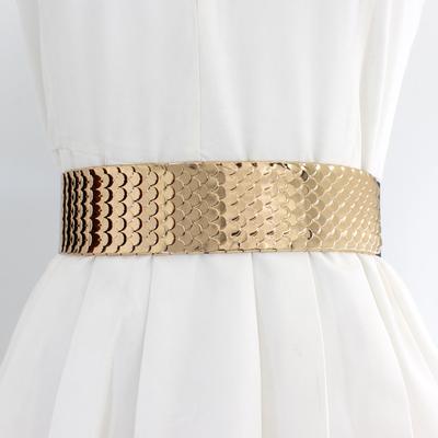 Decorative Belt Women'S Metal Elastic Waist Seal Fish Scale Pattern Elastic Wide Belt With Dress Dress