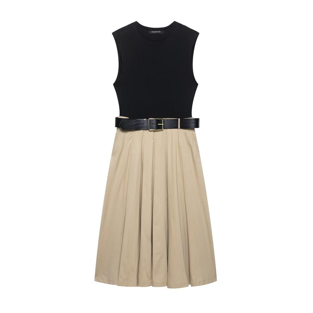Women's clothing European and American style spring and summer new temperament belt shoulder pad splicing with belt sleeveless dress