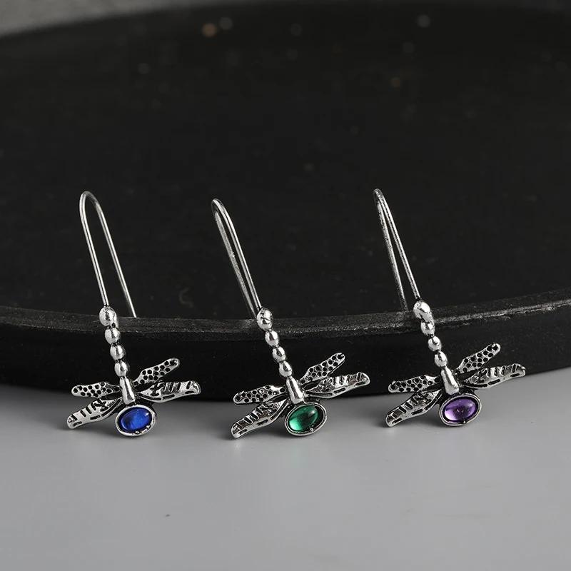 Retro Silver Color Women's Dragonfly Earrings Inlaid with Blue Stones Dangle Earrings for Women Party Engagement Fashion Jewelry