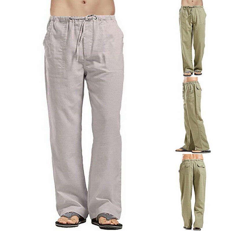 Твердые брюки Drawstring Loose льняной хлопок движения Брюки Мужчины случайный прямой – купить по низким ценам в интернет-магазине Joom