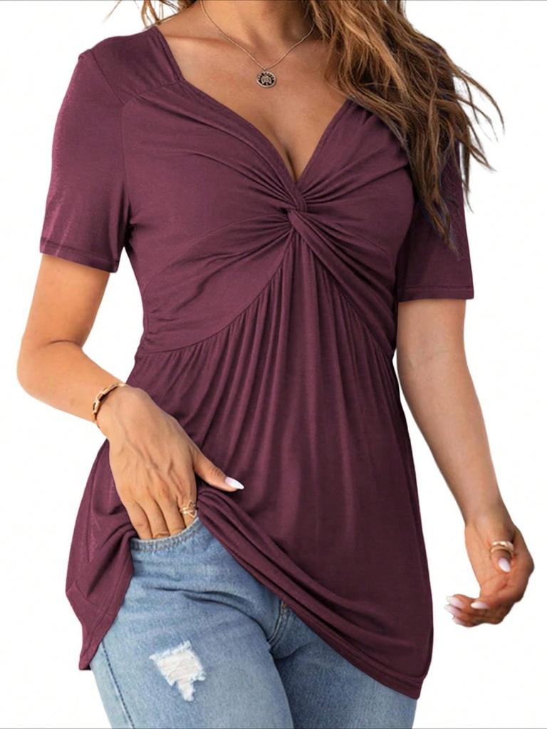 Women's V Neck Knot Front Blouse Short Sleeve Oversized Solid Summer Tunic T-Shirt