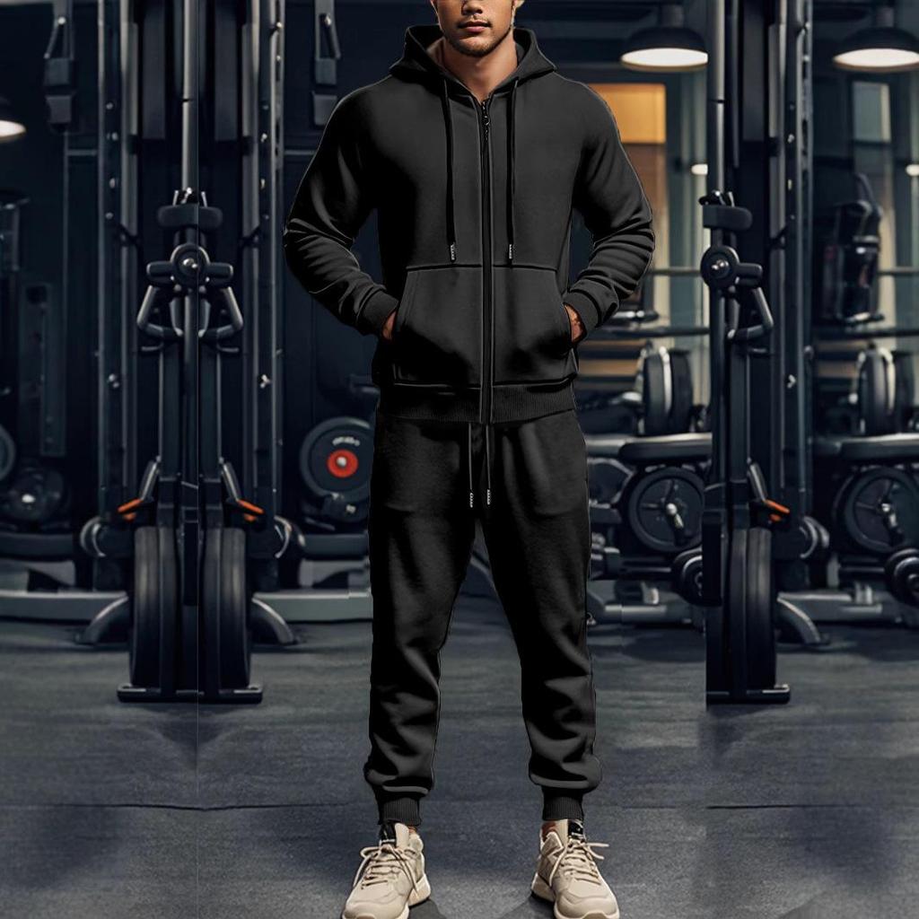 Men's Solid-Hue Fleece-Lined Warm Outfits for Fall & Winter: Zip-Up Long-Sleeve Hooded Casual Athletic Sets