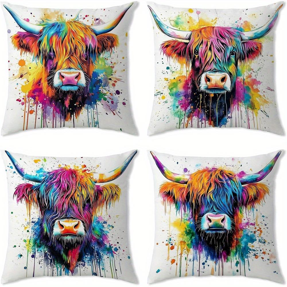 Home Decor Colorful Highland Cow Pillow Covers with Splashes Pattern Cushion Cover Suitable for Sofa Bedroom Car Pillow Cover