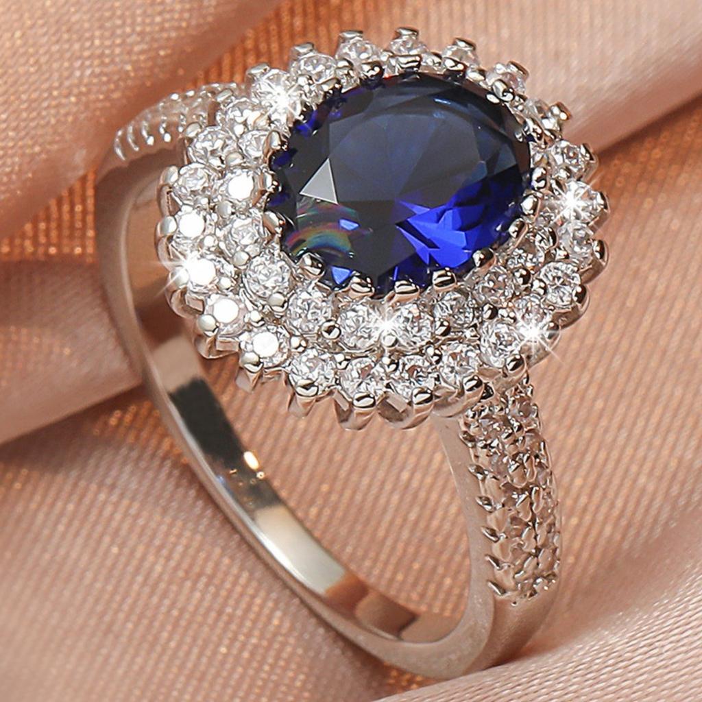 Elegant Women's Blue Glass Zirconia Halo Ring - Sophisticated Copper Wedding Band with Crystal Accents, Ideal for Daily Wear & Gifting, Perfect Valent