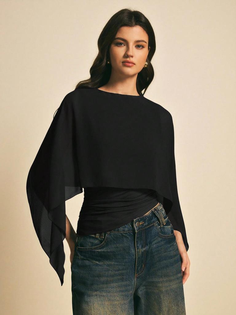 Summer New Women's Cape Sleeve T-Shirt Crew Neck Loose Chiffon Cardigan Elegant Irregular Top for Women