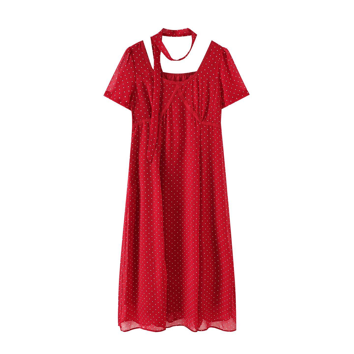 

Plus Size Women s Red Polka Dot Camisole Cardigan Set - Waist-Cinching Slim Long Dress for Summer 2026 5XL (200-240 kg)