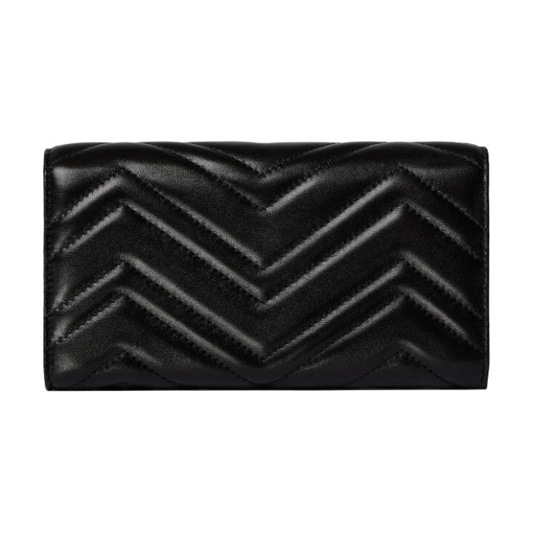 Gucci GG Marmont Chevron Quilted Black Leather Continental Wallet With Gold Hardware For Women Luxury Daily Use