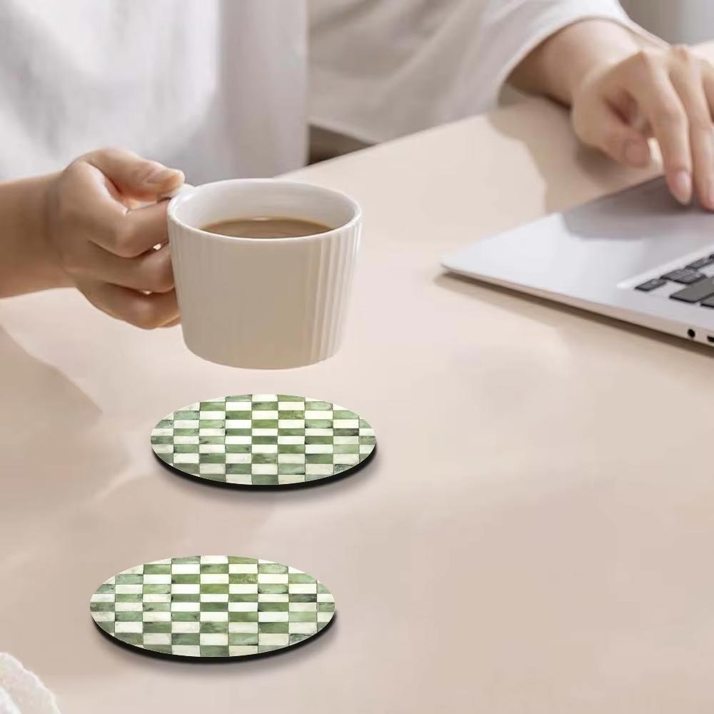 6 Pcs/Set Round Lampwood Coasters Classic Green Mosaic Cork Inserts Nature Inspired Decorative Tripod Coasters for Home