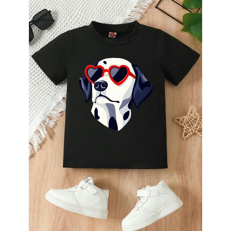 European Size Girls Summer Round Neck Short Sleeved T Shirt with Cartoon Version of A Great Dane Pattern