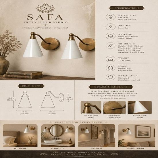 Mid Century Modern Brass Wall Sconces  White Cone Shade Bedside Lights