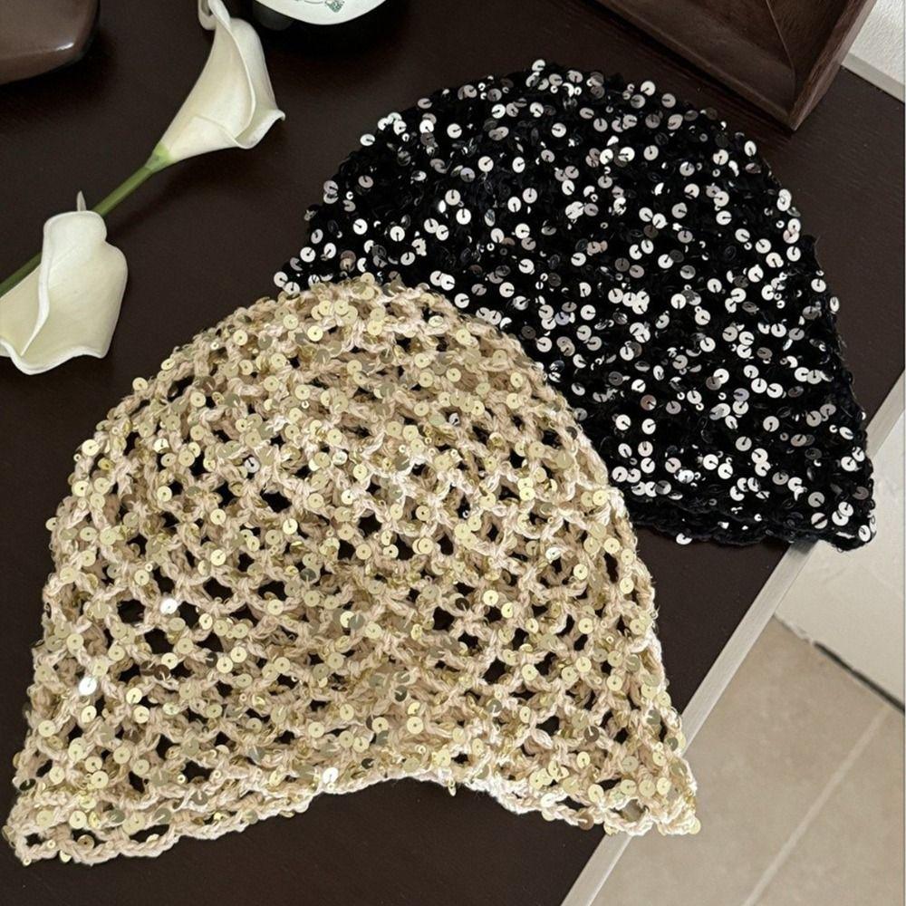 Hollow Sequin Bucket Hat Y2k Beanie Hats Retro Sequin Woven Cap  Spicy Girls