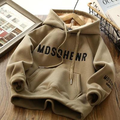 One-piece Lamb Fleece Plus Velvet Sweatshirt for Boys Autumn and Winter Clothes for Middle and Large Children with Hood, Plus Velvet