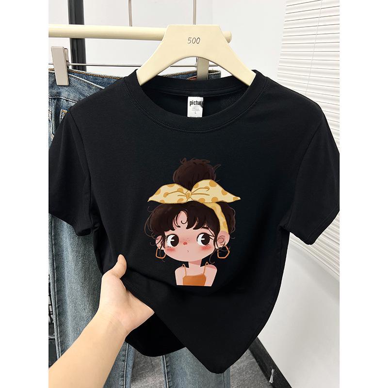 

2024 Маленькая женская футболка в корейском стиле с круглым вырезом, короткими рукавами и мультяшным принтом, приталенная M чёрный