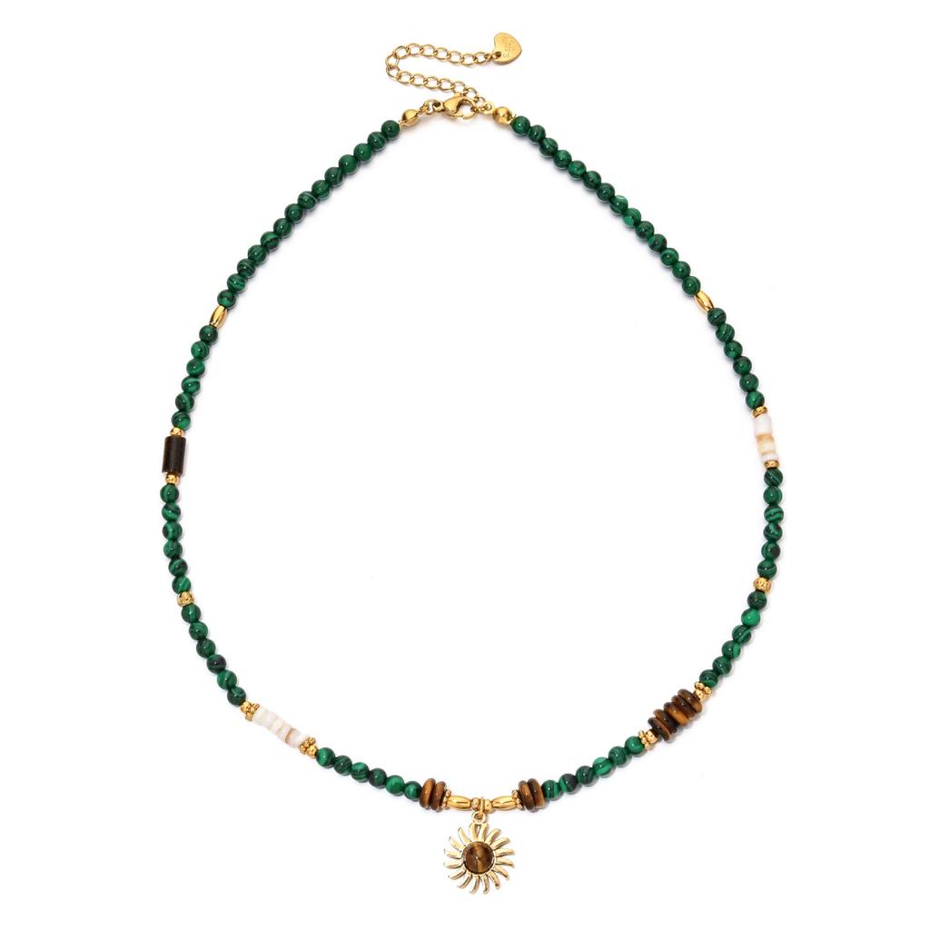 European Retro Malachite Pendant Necklace & Bracelet Set - Elegant Stainless Steel, High-End Luxury Clavicle Chain for Women