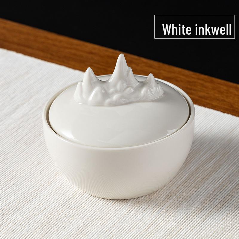 Ru Kiln Celadon Inkstone: Double Circle Inkwell with Lid, Anti-Dry Calligraphy Ink Dish, Antique Ink Box.