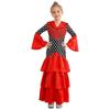 Girls Spanish Flamenco Dress Polka Dot Print Tiered Ruffles V Neck Dancewear