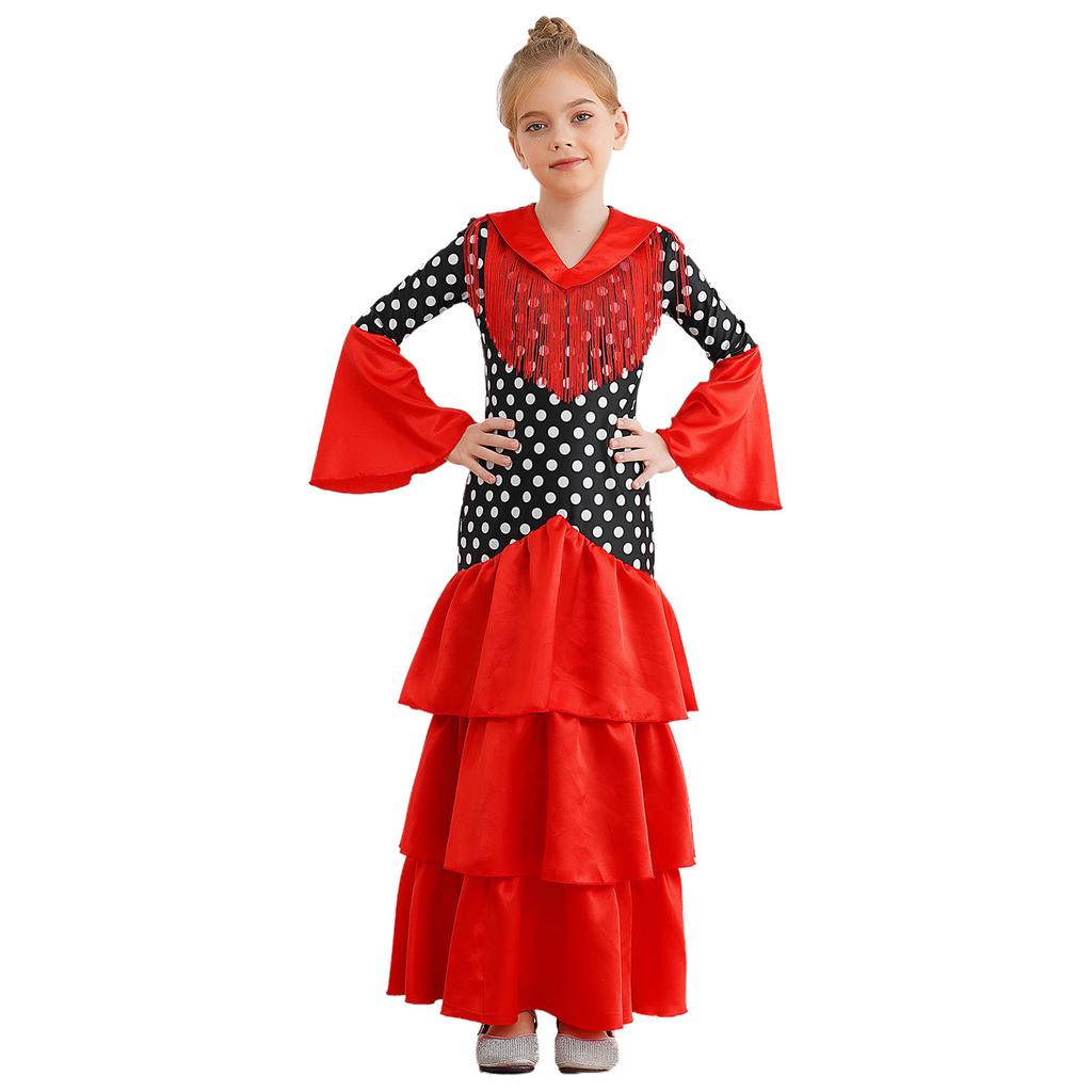 Girls Spanish Flamenco Dress Polka Dot Print Tiered Ruffles V Neck Dancewear
