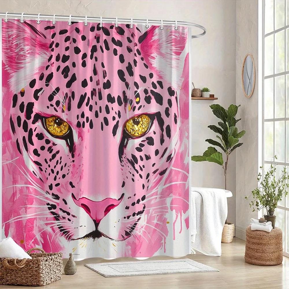 Leopard Close-up Shower Curtain, Bold Abstract Digital Painting, Pink Background, Piercing Yellow Eyes,Modern Art Bathroom Decor