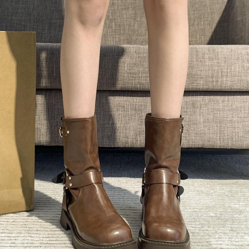 2025 British Style Women's Chunky Heel Martin Boots - Retro Square Toe Slip-On Ankle & Cowboy Riding Boots