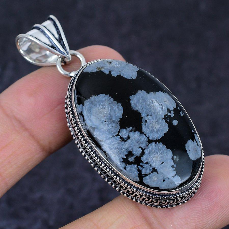 Natural Snowflake Obsidian 925 Sterling Silver Jewelry Pendant 2.21" D9e32